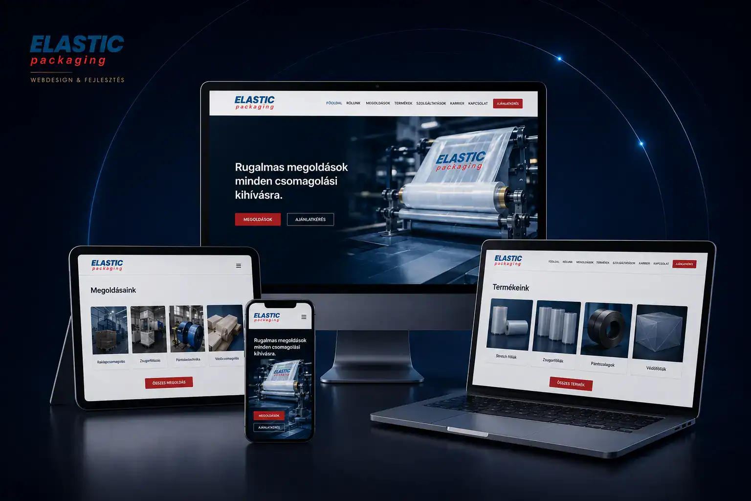 Elastic Packaging WordPress weboldal reszponz&iacute;v megjelen&eacute;se asztali, tablet &eacute;s mobil n&eacute;zetben