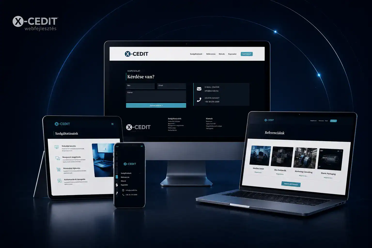 XCEDIT WordPress weboldal reszponz&iacute;v megjelen&eacute;se asztali, laptop, tablet &eacute;s mobil n&eacute;zetben